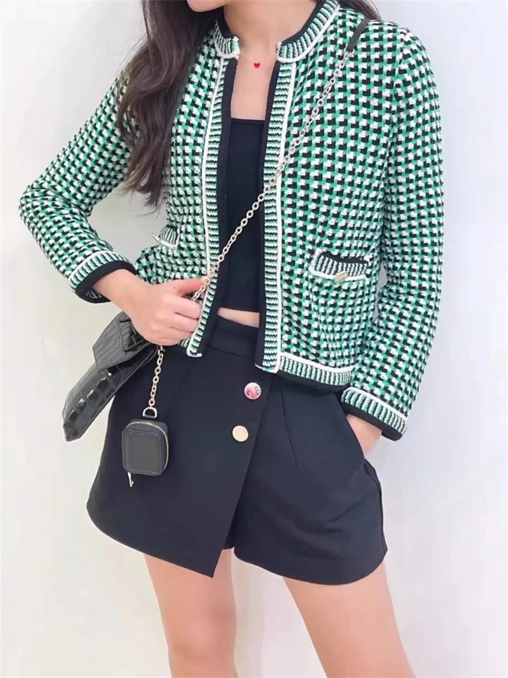 

Clearance Price Green Blended Knitted Coat Women Contrast Color Plaid O-Neck Long Sleeve Vintage Jacket