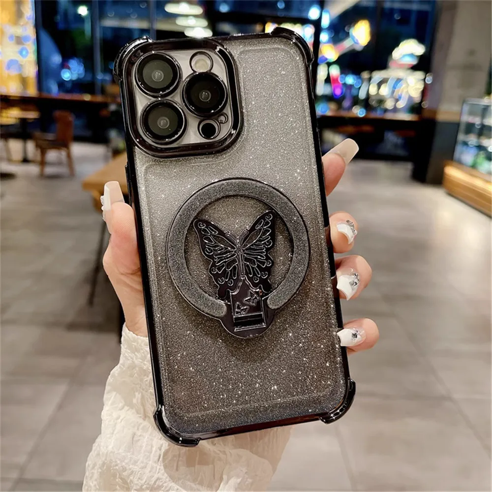 Shockproof Glitter Plating Butterfly Stand Case For Honor 200 100 90 80 70 60 50 Pro Magic 6 Soft Silicon Bracket Back Cover