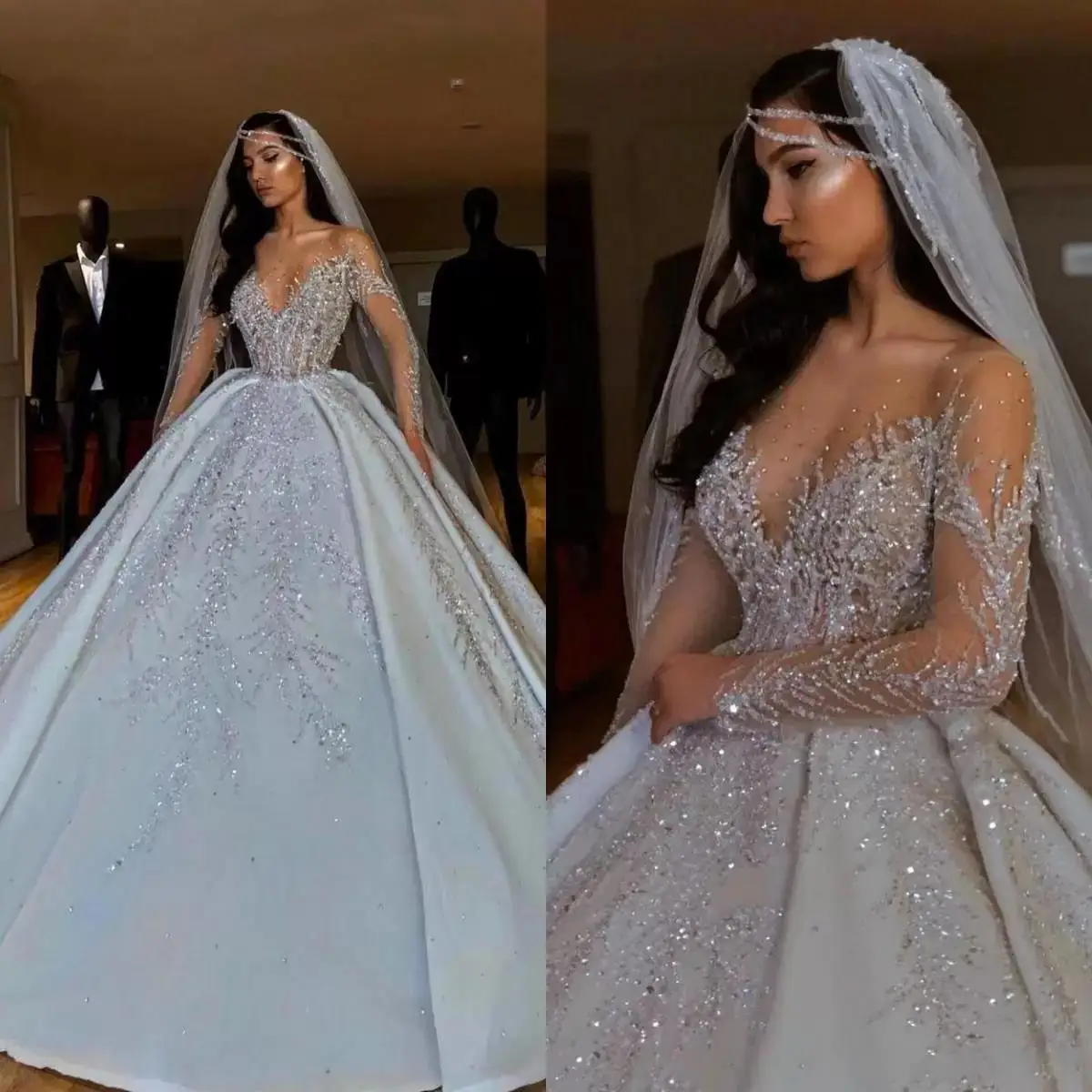

Ball Gown Beading Wedding Dress Custom Made Vestido De Noiva Long Sleeve Gowns Robe Mariee 2024