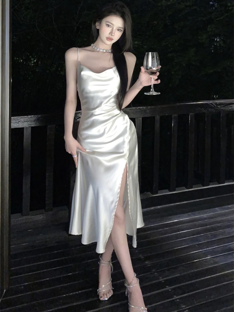 

Summer New Women Elegant Spaghetti Strap Midi Satin Dress Sexy Prom Evening Wedding Party Birthday Club Fashion Clothing