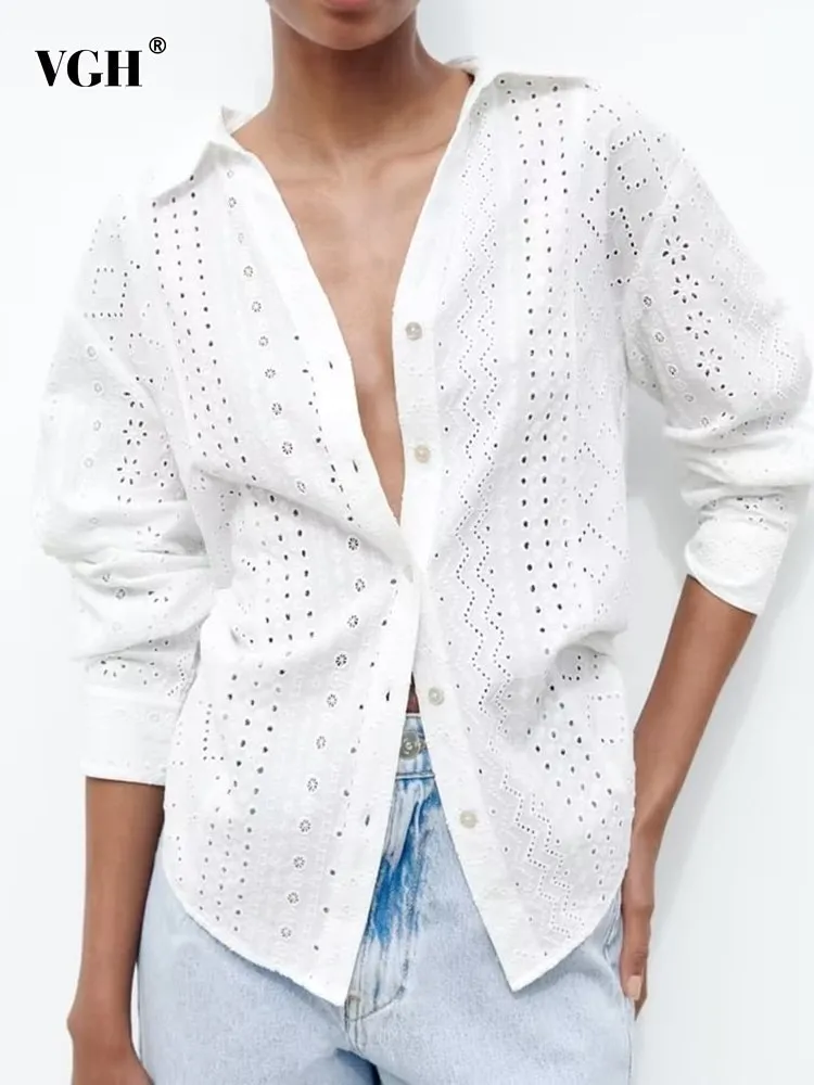 

VGH embroidery hollow out solid blouses for women lapel long sleeve spliced single breasted casual shirts female spring clothing