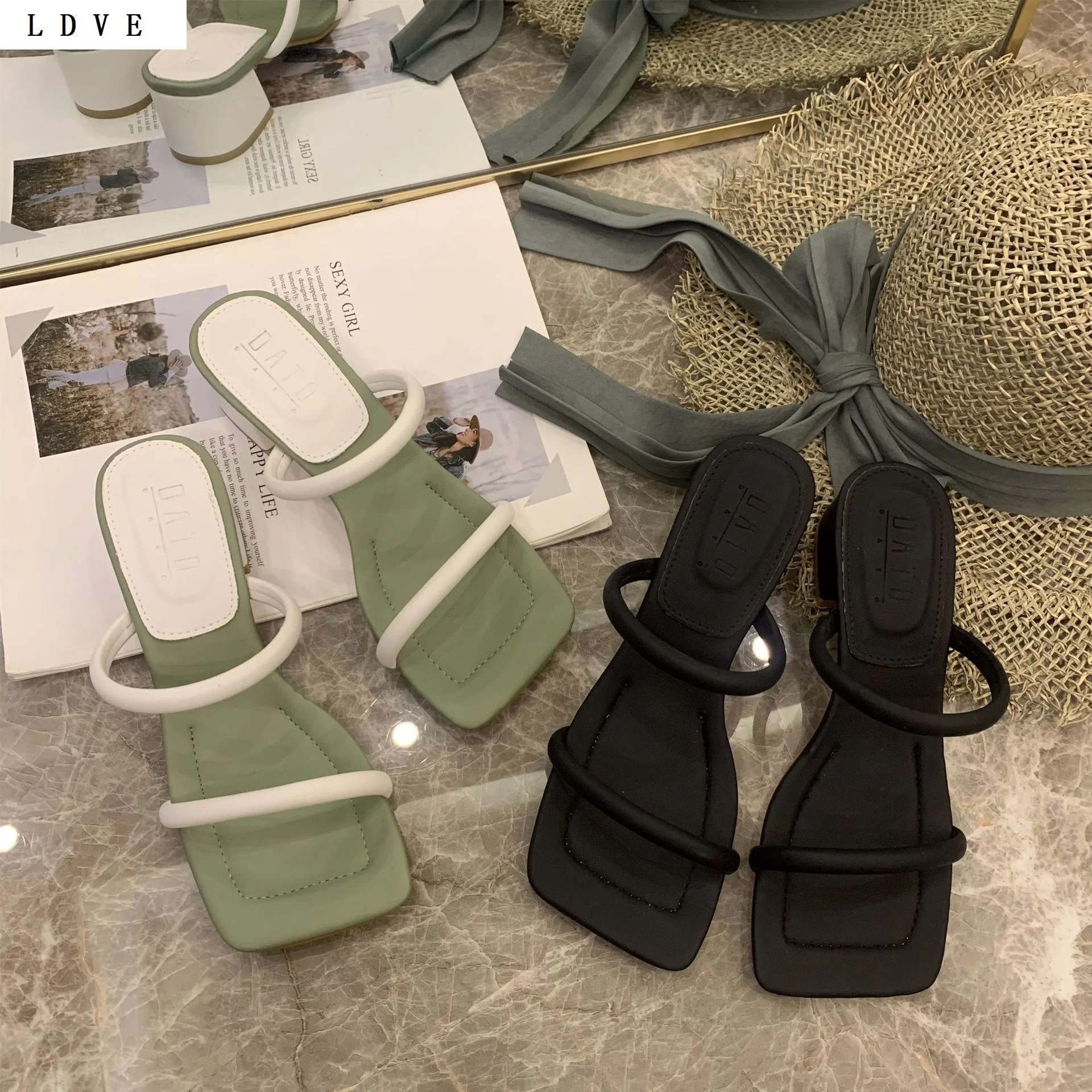 

new Summer style square toe sandals women's French mid-heel buckle with nude open-toe thin strap cat heel high heels