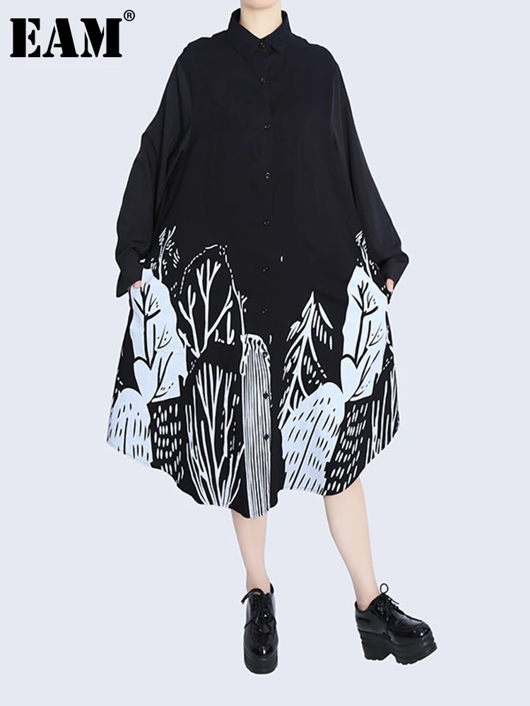 

[EAM] Women Black Pattern Printed Big Size Long Shirt Dress New Lapel Long Sleeve Fashion Tide Spring Autumn 2022 1DF0193