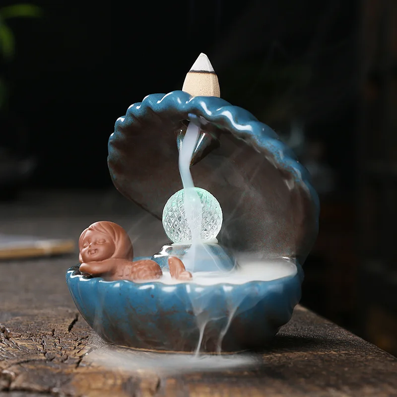 

Backflow Incense Burner Waterfall Ceramic Shell Mermaid Creative Led Incense Burner Smoke Fountain Home Zen Decor Air Refreshing