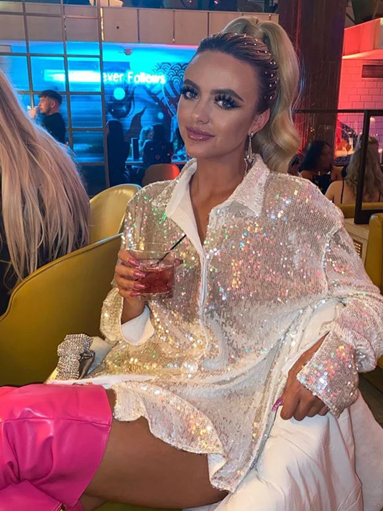 Блузка с блестками рубашки длинным рукавом топ на пуговицах рубашка Y2K винтажная