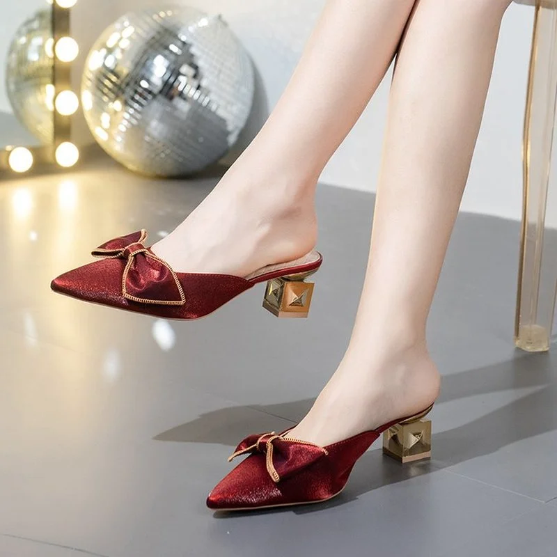 

2022 New Women Pumps Thin Heels Ladies Mules Fashion Pointed Toe Female Bow knot Slippers Elegant Woman Slip On Slides Shoes