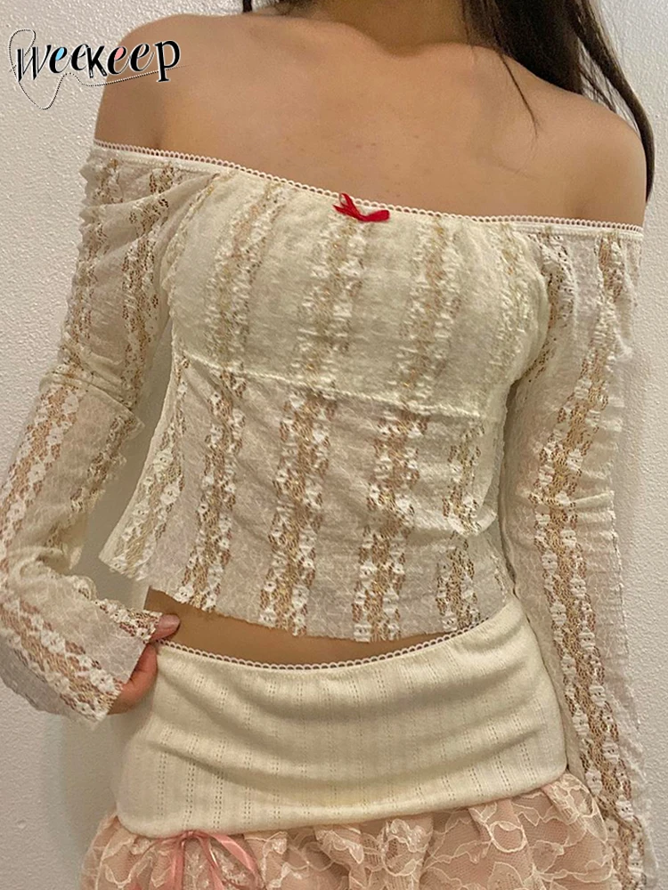 

Weekeep Fairycore Lace Crop Top Sexy Cute See Through Off Shoulder T-shirt y2k Vintage Summer Clothing for Women Tees Aesthetic