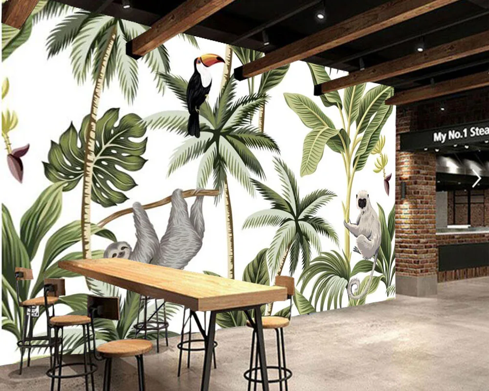 

Papel de parede custom tropical plant green layered leaves, bird wallpaper mural,living room tv wall bedroom home decor