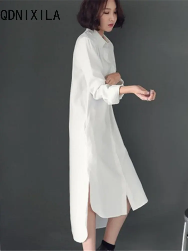 

Женское платье-рубашка с длинным рукавом, белое элегантное офисное Длинное свободное платье в Корейском стиле, повседневная одежда для жен...