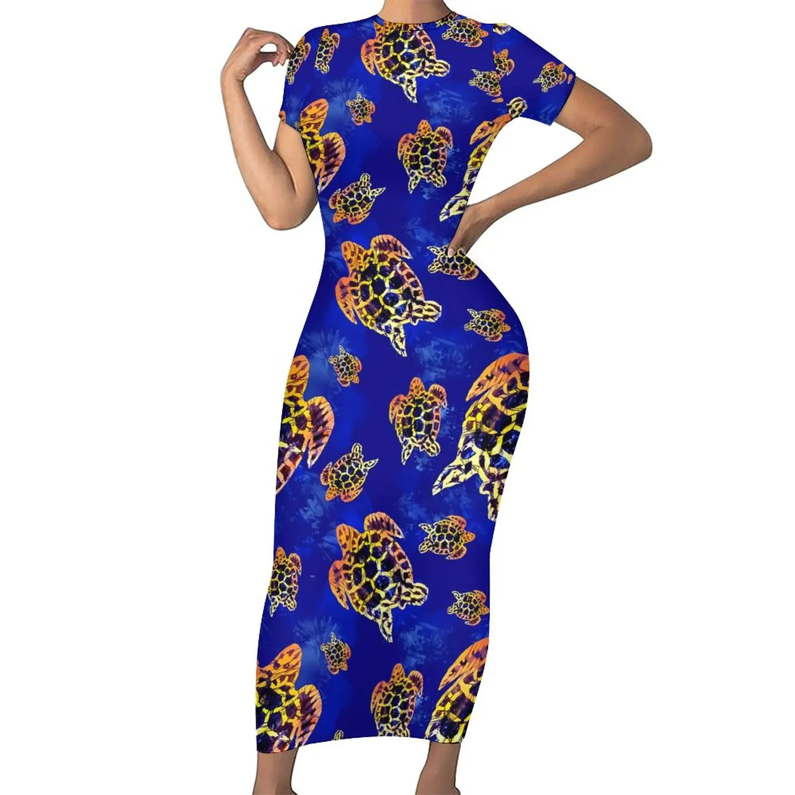 

Sea Turtles Batik Dress Short Sleeve African Art Trendy Maxi Dresses Summer Korean Fashion Custom Bodycon Dress Large Size
