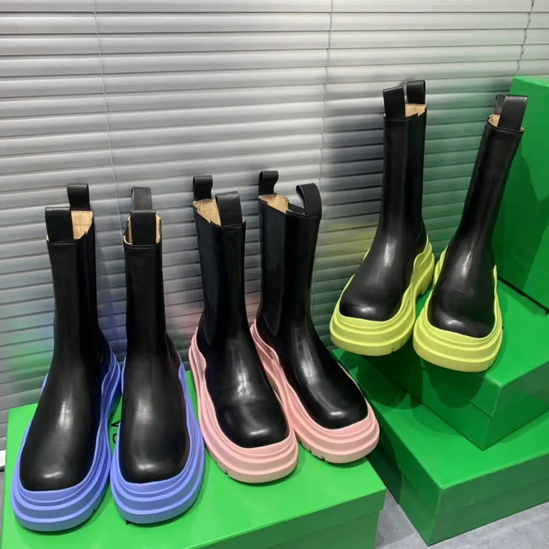 

Colorful Pu Outsole Thick Soled Waterproof Rain Leather Biker Chunky Lady Platform High Heel Chelsea Ankle Boots With Green Box