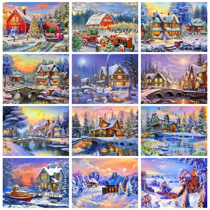 

RUOPOTY Религиозная Живопись по номерам для взрослых Снежный дом подарок Сделай Сам крафт Раскраска по номерам набор акриловой краски зимний пейзаж