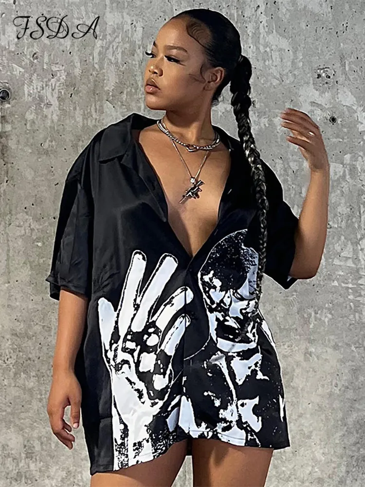 

FSDA V Neck Satin Y2K Print Long Sleeve Blouse Shirts Women Black Short Sleeve Sexy Top Shirt Casual Fashion Loose