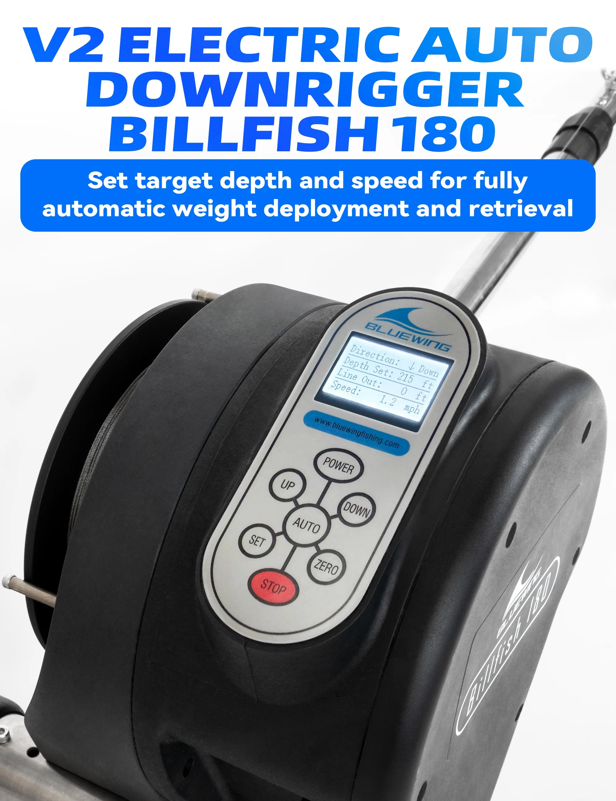 Фото Электрический автодоннергиррер Billfish 180 с телескопической штангой из нержавеющей стали и универсальным быстросъемным основанием для глубоководного троллинга №2