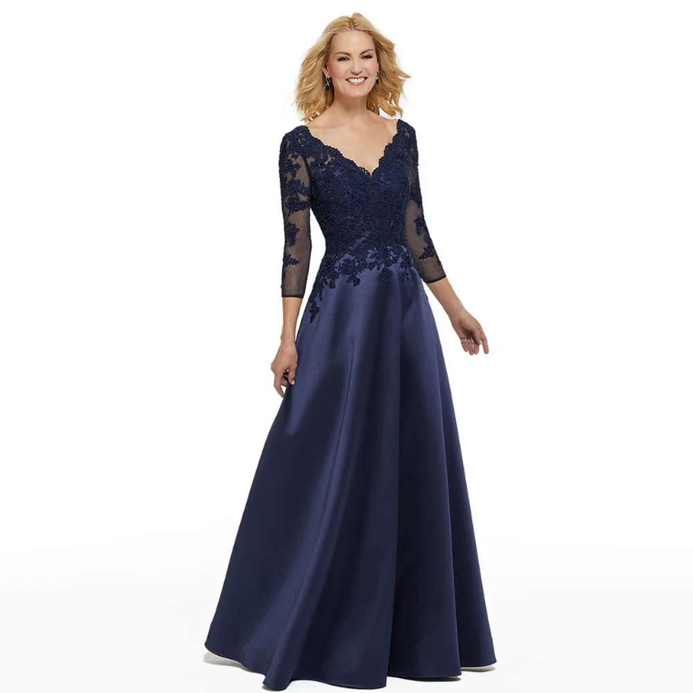 

Темно-синее элегантное платье для матери невесты с V-образным вырезом рукава три четверти с аппликацией свадебное платье А-силуэта до пола