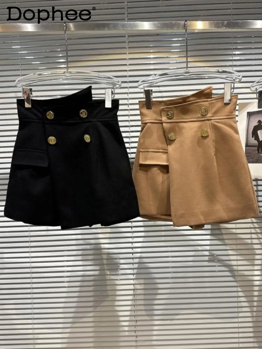 

2022 Winter New Metal Letter Buckle Beveled Irregular Casual Mini Skirt Women Temperament High Waist Black Shorts Skirt Female