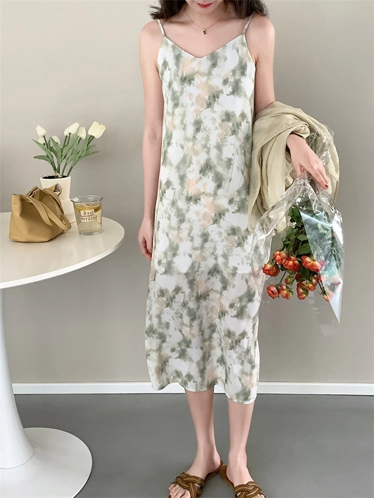 

Summer Fashion Slim Sweet Elegant Print Tie-dye Backless Chic Midi Dresses for Women Casual Vintage Girl Long A-line Slip Dress