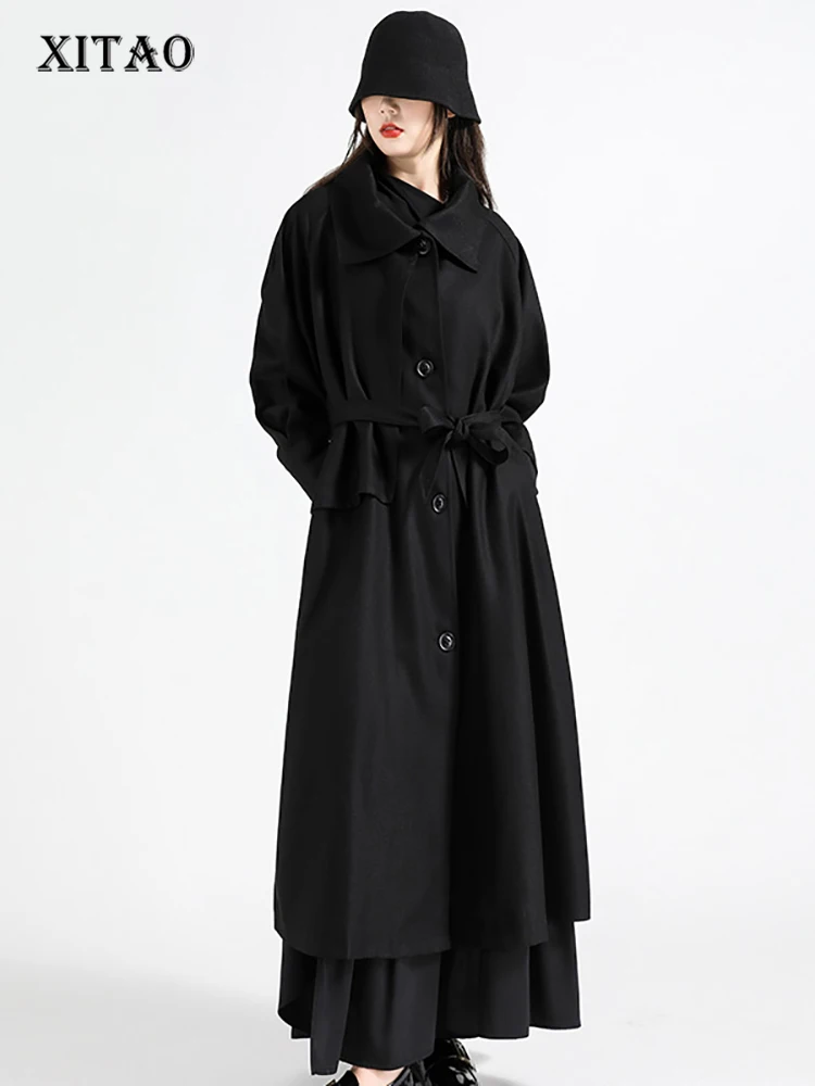

XITAO Black Trench Women Fashion Bandage Coat Loose Simplicity Autumn New Long Coat Temperament Turn-down Collar WLD9065
