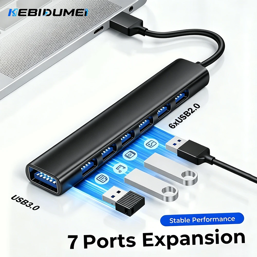 Фото USB-концентратор KEBIDUMEI USB 3.0, 5 Гбит/с, высокоскоростной, 7 портов, USB-C хаб, USB-разветвитель, мульти-удлинитель, OTG-адаптер для ПК, ноутбуков, Macbook Pro №1