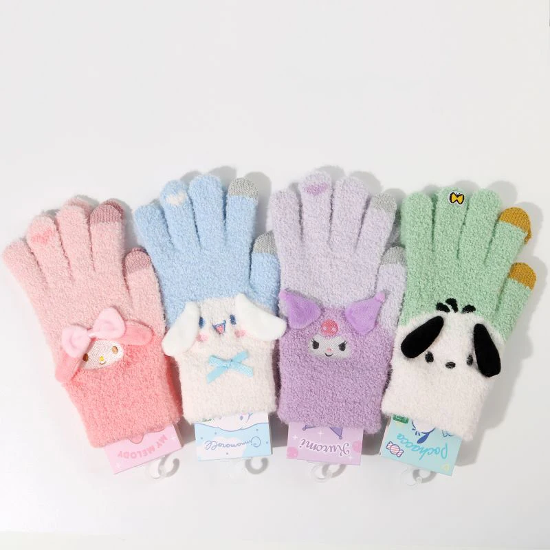 

Sanrios мультфильм Kawaii My Melody Cinnamoroll Hello Kittys Kuromi ПК Собака Симпатичные частицы флиса взрослые перчатки с пятью пальцами теплые