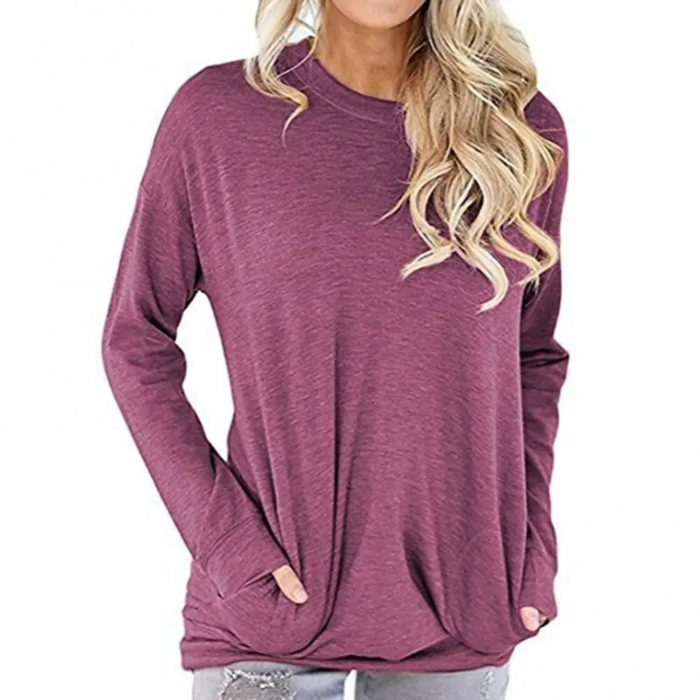 

Long Sleeve Blouse Casual Solid Color Women Loose Autumn Pockets Tunic T-shirt