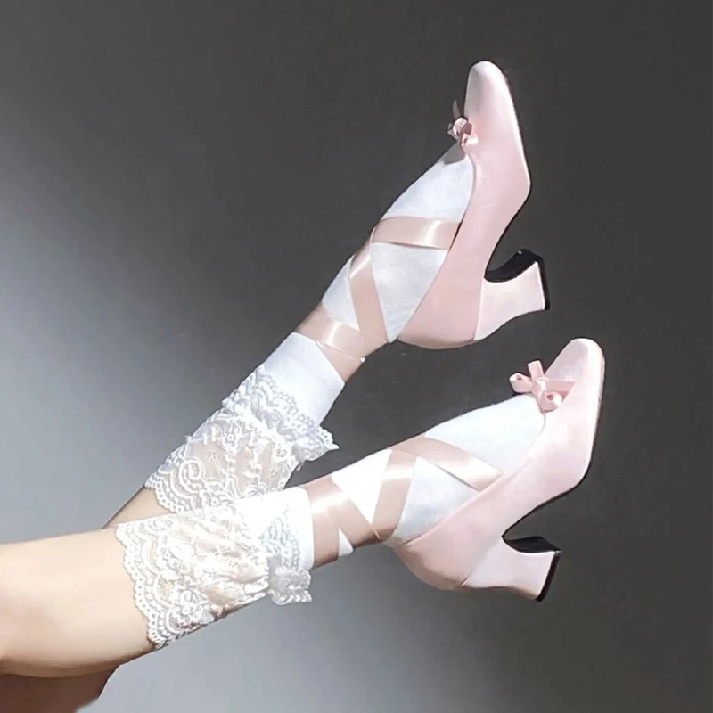 

Туфли-лодочки женские розовые на шнуровке, балетки с перекрестными каблуками, Классическая обувь для косплея принцессы, французская Мэри Джейн на массивном каблуке