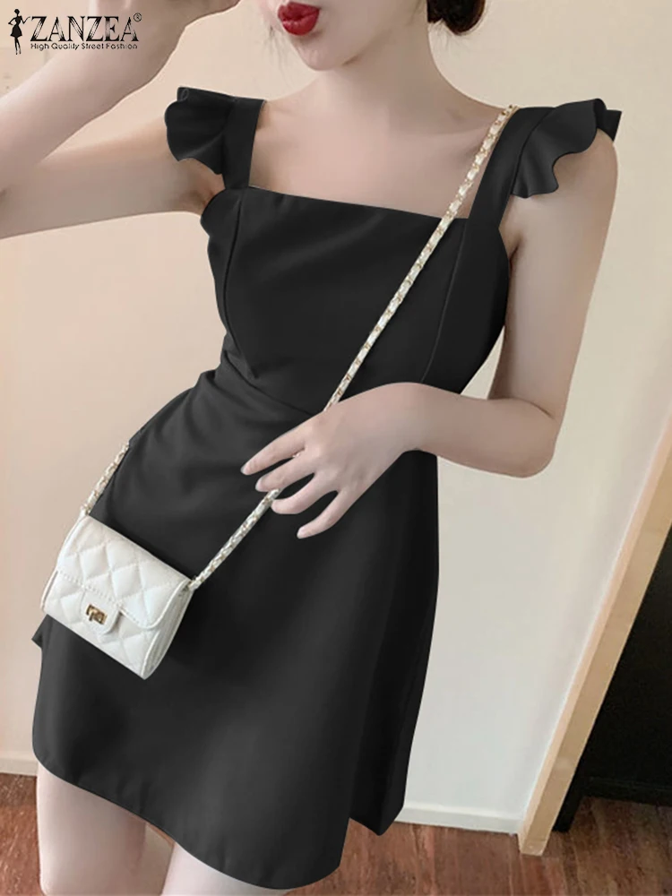 

ZANZEA Wide Strap Fashion Vestido Sleeveless Sexy Mini Dress Women Slim Sundress Ruffles Stitching Korean 2023 Summer Short Robe