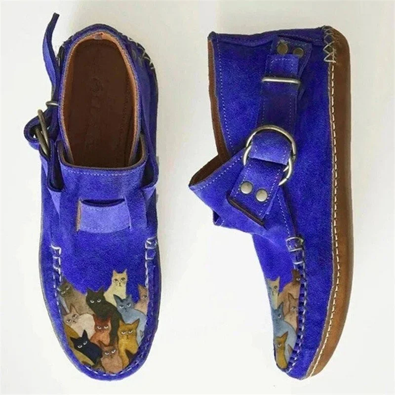 2023 Winter New Female Comfort Cartoon Cat Printed Leather Flat Ankle Boots Button Casual Botas De Mujer Botas for Women