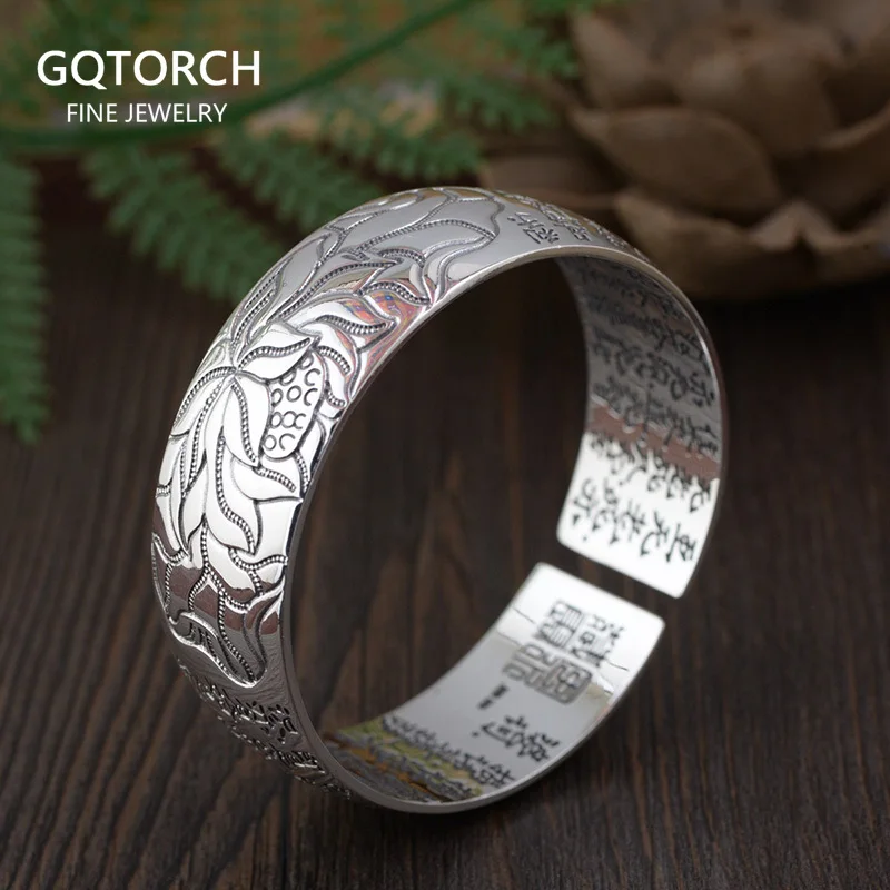 

Sterling Silver S990 Vintage Thai Silver Bangles for Women Heart Sutra Lotus Bracelet Retro Wide Female Jewelry