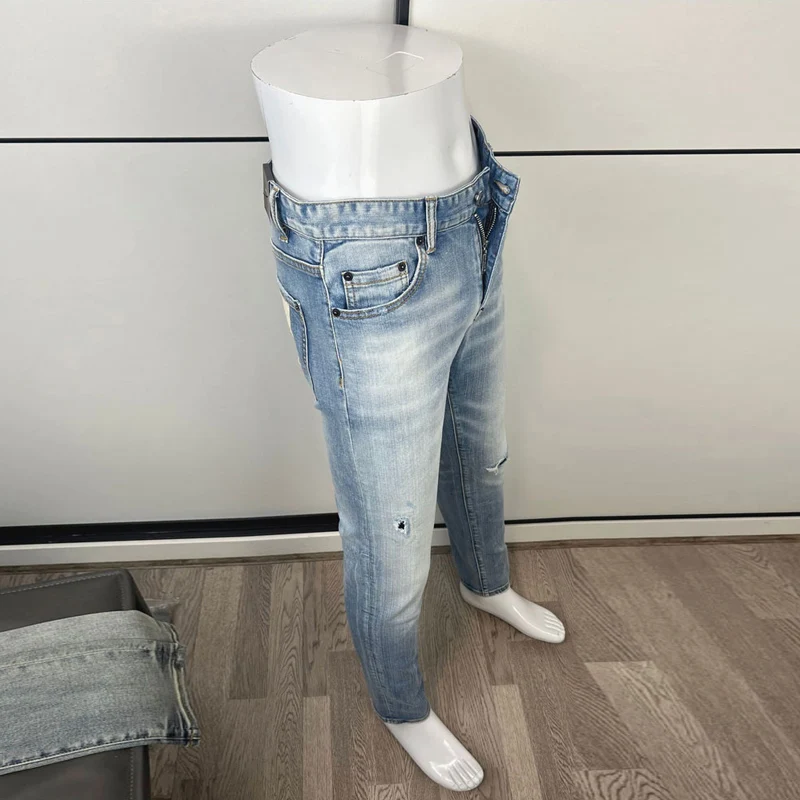 Street Fashion Men Jeans High Quality Retro Light Blue Elastic Slim Ripped Jeans Men Vintage Designer Denim Brand Pants Hombre