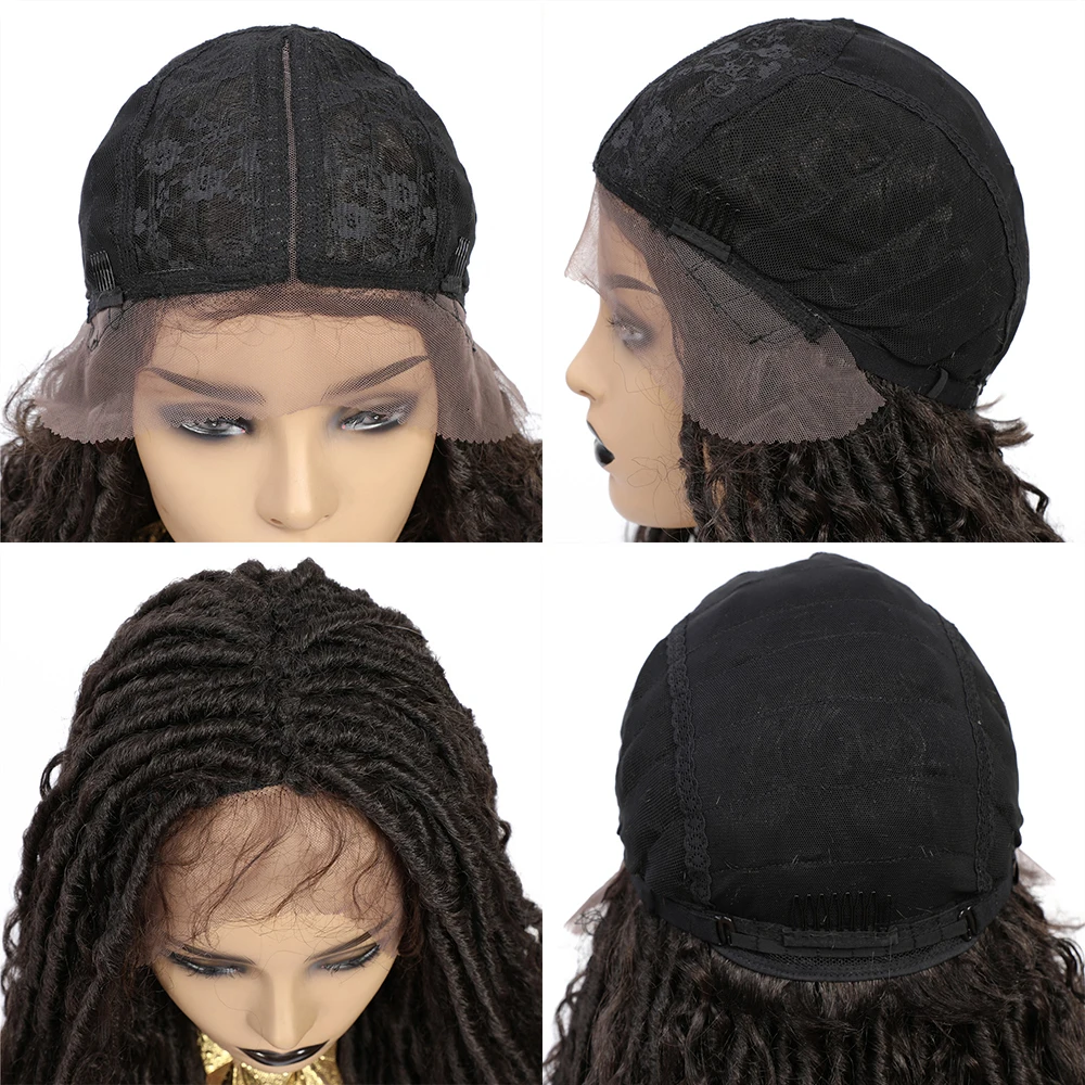 Ombre Brown Synthetic Lace Front Braided Wigs for Black Women X-TRESS River Faux Locs Crochet Hair With Curly Ends Middle Part images - 6