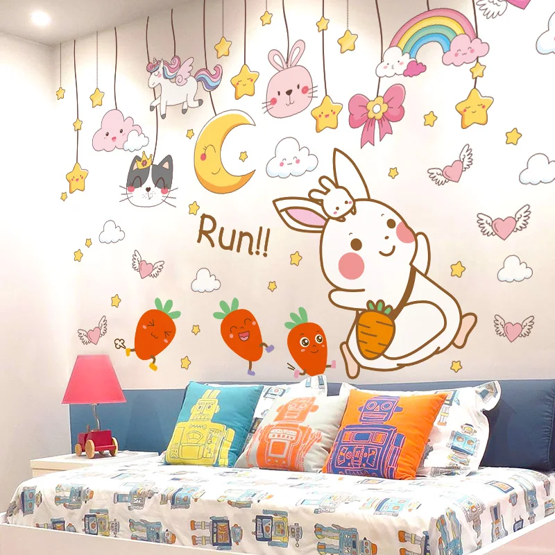 

[shijuekongjian] Carrots Rabbits Animals Wall Stickers DIY Stars Clouds Mural Decals for Kids Rooms Baby Bedroom Home Decoration