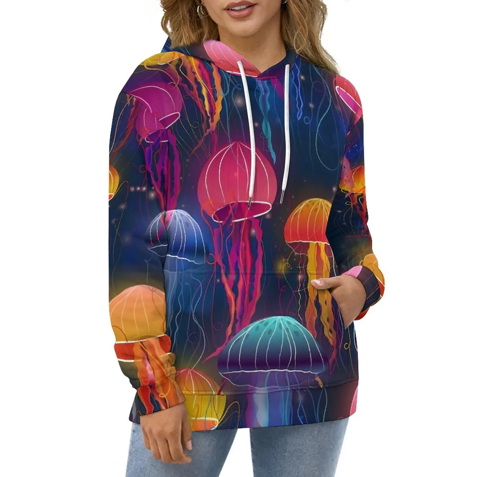 

Rainbow Jellies Casual Hoodies Colorful Print Kawaii Hoodie Female Long Sleeve Oversize Classic Graphic Loose Top