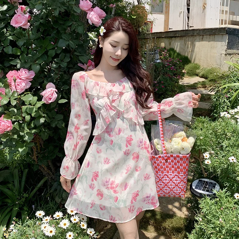 

Summer Women's Elegant Floral Dress French One-shoulder Ruffled Princess Dress 2022 New Gentle Temperament Ladies Clothing
