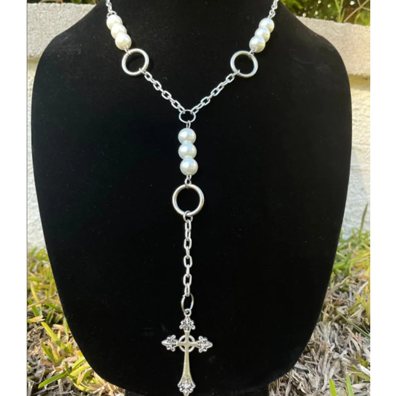 

Cross pearl rosary style necklace fashion jewelry