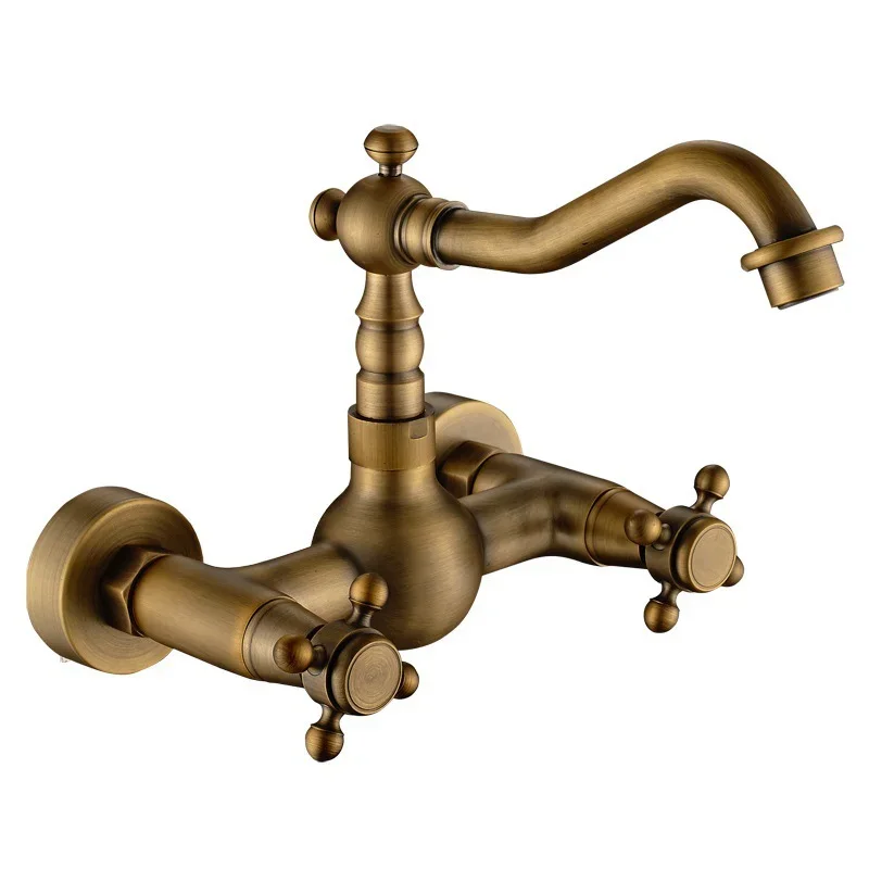 

Basin Faucets Antique Brass Wall Mounted Kitchen Bathroom Sink Faucet Dual Handle Swivel Spout Hot Cold Water Tap with Tow Pipe