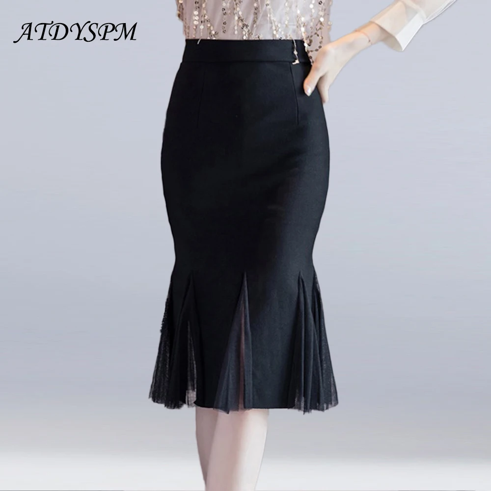 

Vintage Skirts New Ladies Office Stretch Mesh Stitching Hem Bodycon Skirts Knee Length High Waist Hip-Wrap Mermaid Skirts