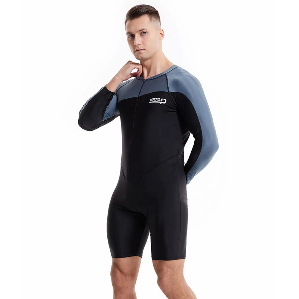 Men's One-Piece Long-Sleeved Sunscreen Swimsuit Beach Quick-Drying Snorkeling Surfing Suit Front Zipper Water Sports Swimsuit