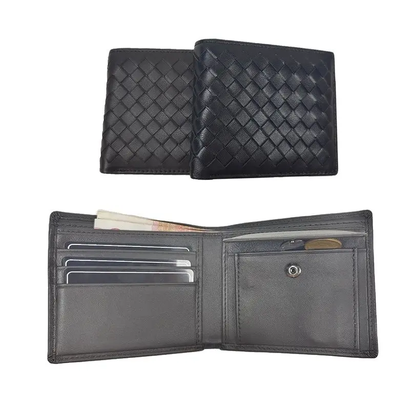 

Luxury Handmade Genuine Sheep Leather Weaving Short Wallet Men Fashion Bilfold High Grade Lambskin Coin Purse Card Holder Wallet