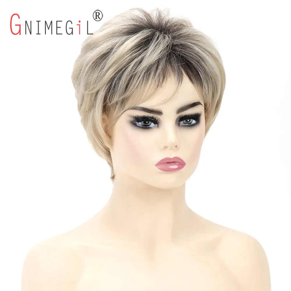 GNIMEGIL Blonde Wigs with Bangs for Women Short Wig Natural Hairstyle Dark Roots Ombre Hair Replacement Wigs Synthetic Fiber