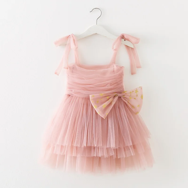 Lace Girls Sling Princess Dress 2022 Summer New Baby Tube Top Soft Mesh Dress Star Sequin Bow Lolita Dress for Birthday Party