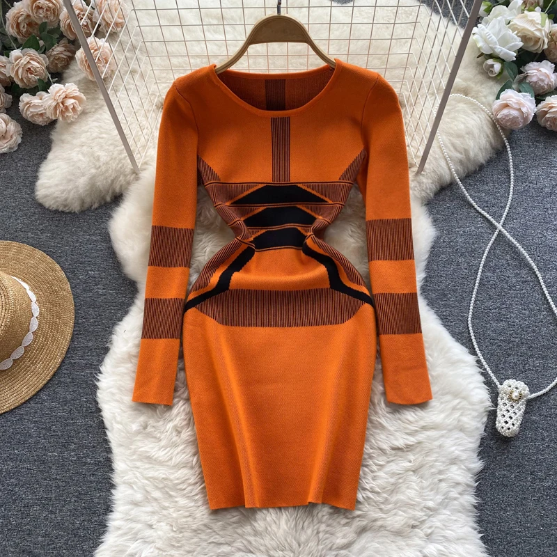 

Women Chic Print Long Sleeve Elastic Bodycon Dress Sexy Fashion Knit Wrap Vestidos Slim Spring Autumn Basic Pencil Sweater Dress