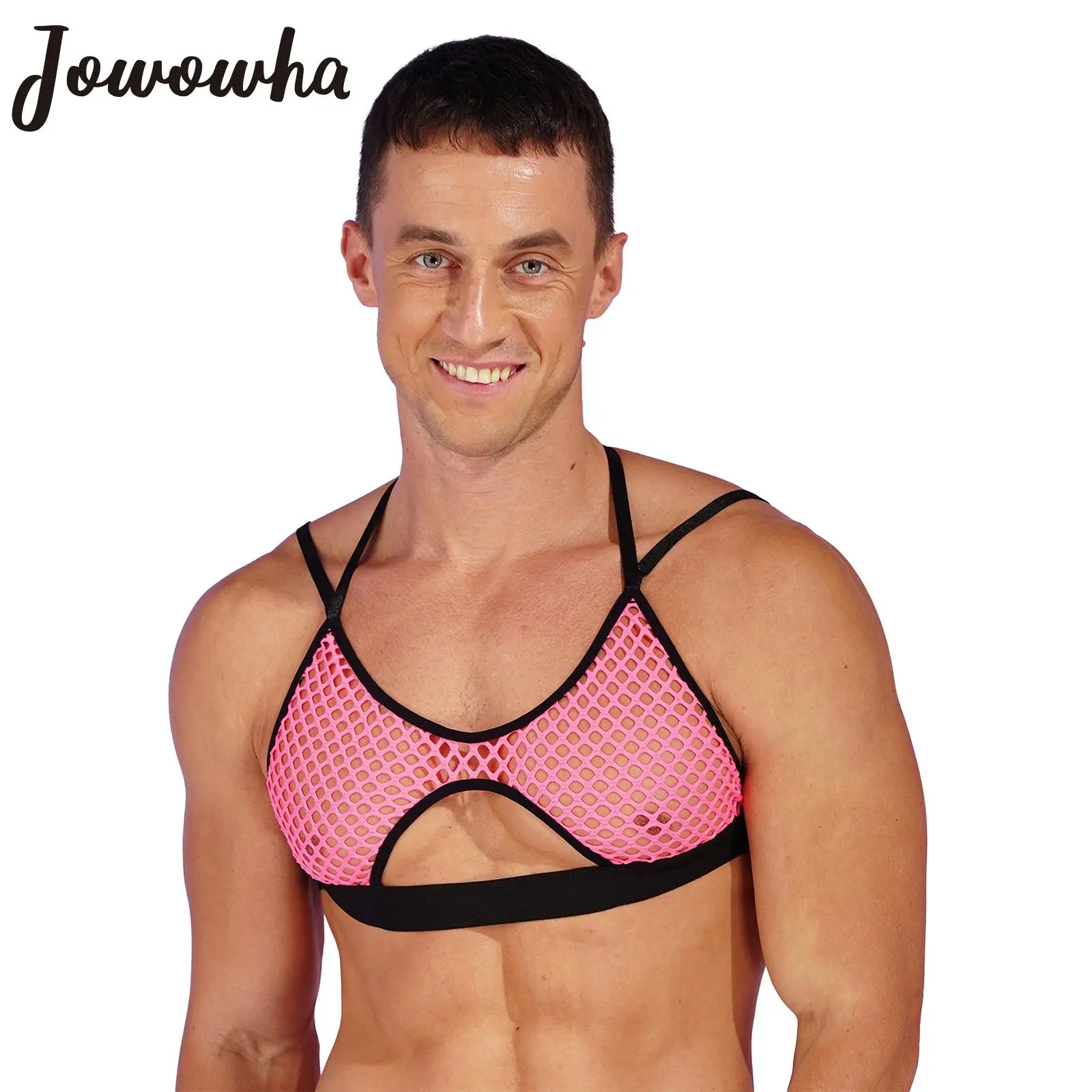 

Mens Hollow Out Fishnet Camisole Halter Neck Elastic Crop Top Straps Crisscross Back Cutout Vest Tops Party Clubwear Swimwear