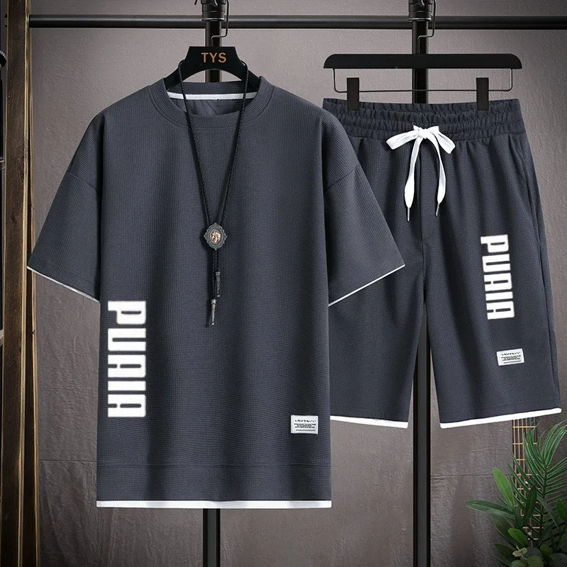 New Men's T-shirt + Shorts Set Summer Breathable Casual T shirt Running Set Fashion Harajuku Printed Male SporBasketball suit