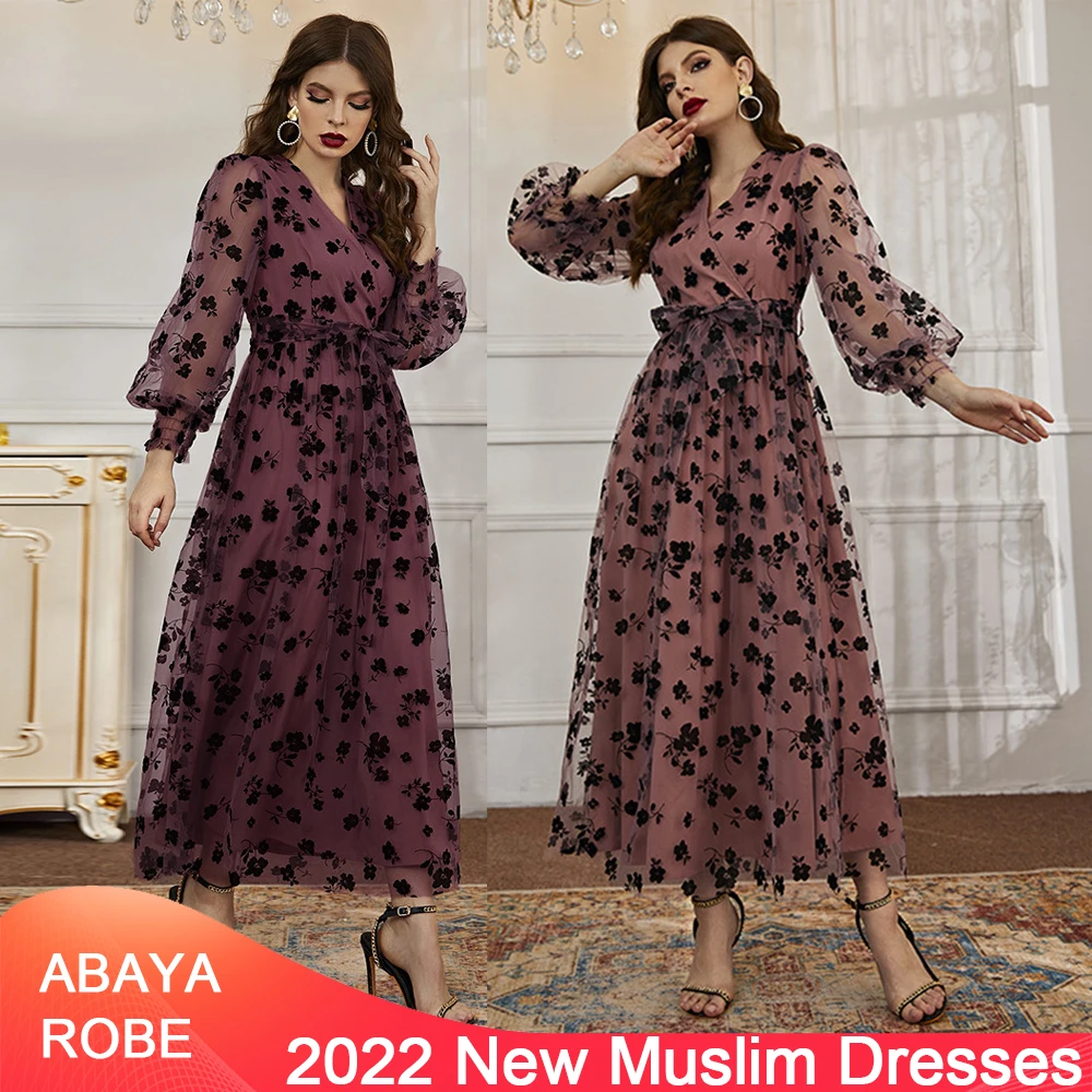 2022 New Muslim Long Skirt V-neck Long Sleeve High Waist Floral Long Print Lace Dress Dubai Travel Long Skirt Evening Dress Robe