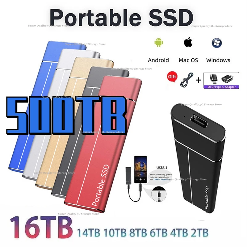 

Portable High Speed SSD Hard Drive 1TB 2TB 4TB 8TB External Solid State Drive USB 3.0 Type-C 16TB Hard Disks For Laptops