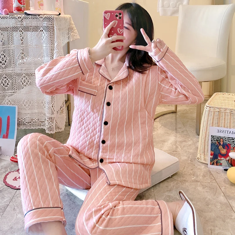 

Winter Flannel Thicken Pajamas Set for Women 2Pcs Long Sleeve Long Pants Casual Loose Warm Soft Sleepwear Loungewear