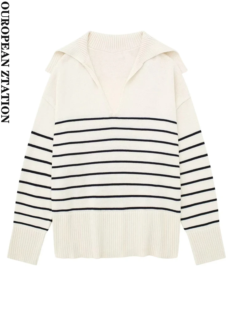 

PAILETE Women 2023 fashion loose striped knit sweater vintage polo collar long sleeve female pullovers chic tops