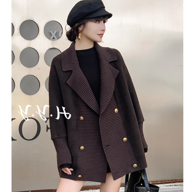 Cardigan coat collar loose and fashionable mink coat warm knitting cardigan autumn and winter 2022  solid cardigan coat female