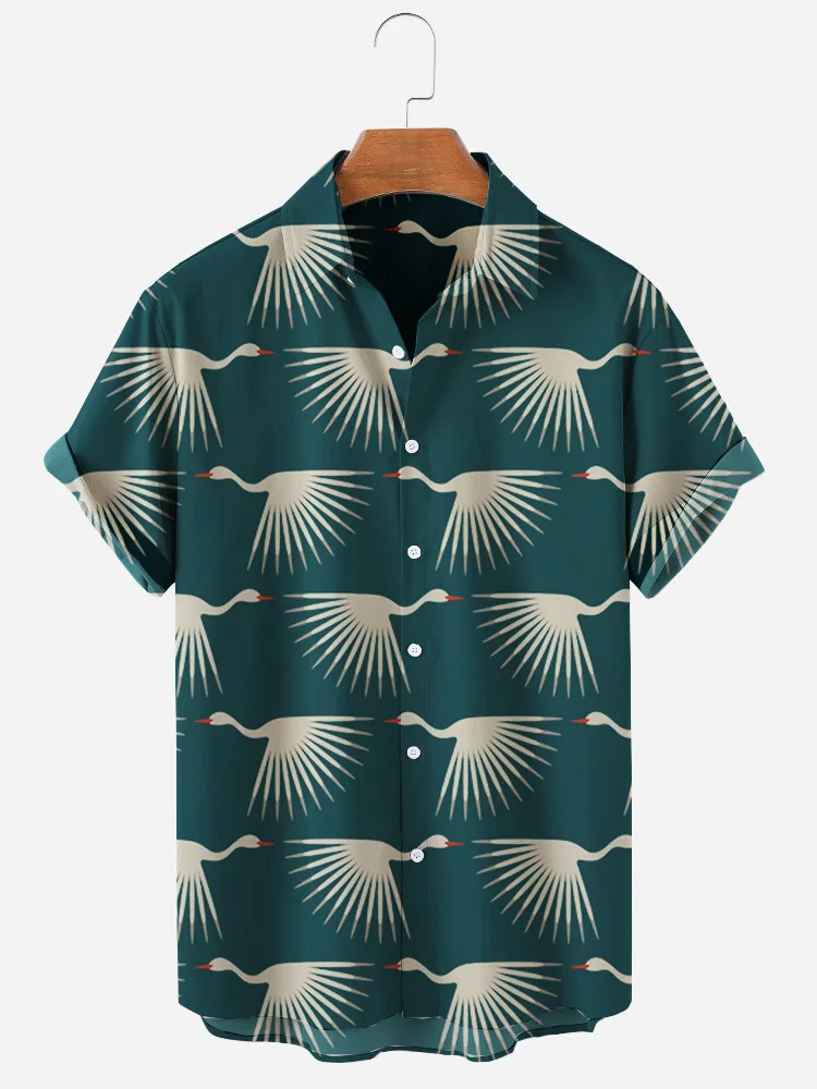 

2021 New Summer White Crane Floral 3D Digital Printing Trend Loose Short-sleeved Shirt Men's Top